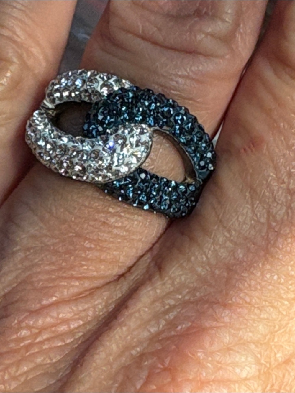 Interlocking Pavé Crystal Ring in Black and Silver and Blue Size 7.5
